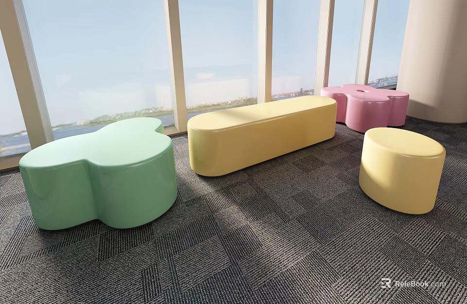 Colorful Modern Public Chairs With Unique Shapes Natural Light Near Large Windows On Gray Carpet 3d model 