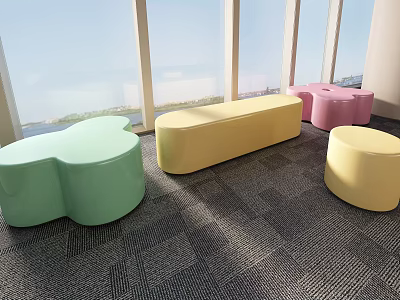 Colorful Modern Public Chairs With Unique Shapes Natural Light Near Large Windows On Gray Carpet 3d model