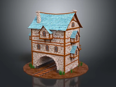 Traditional Stone And Wooden Building With Blue Tiled Roof Arched Doorway And Rail Tracks 3d model