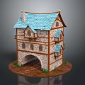 Traditional Stone And Wooden Building With Blue Tiled Roof Arched Doorway And Rail Tracks