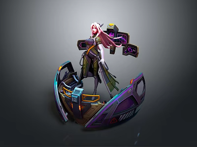Woman with pink hair standing on futuristic mechanical platform with purple blue tech and weapons 3d model
