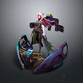 Woman with pink hair standing on futuristic mechanical platform with purple blue tech and weapons