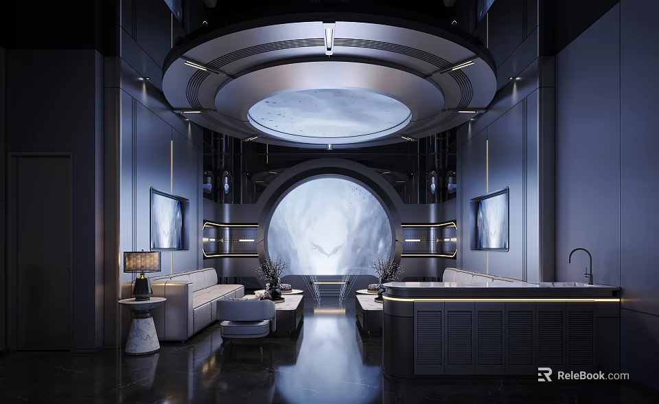 Futuristic KTV Interior Design With Sofas Bar And Modern Lighting 3d model