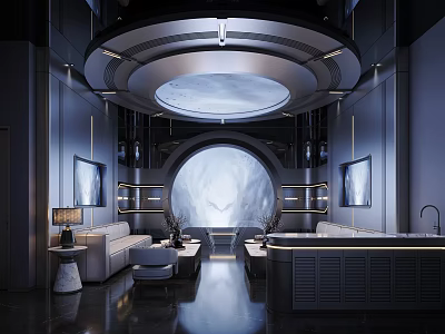Futuristic KTV Interior Design With Sofas Bar And Modern Lighting 3d model