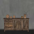 Rustic Wooden Decorative Cabinet with Clay Pots and Dried Flower Vase Against Gray Wall