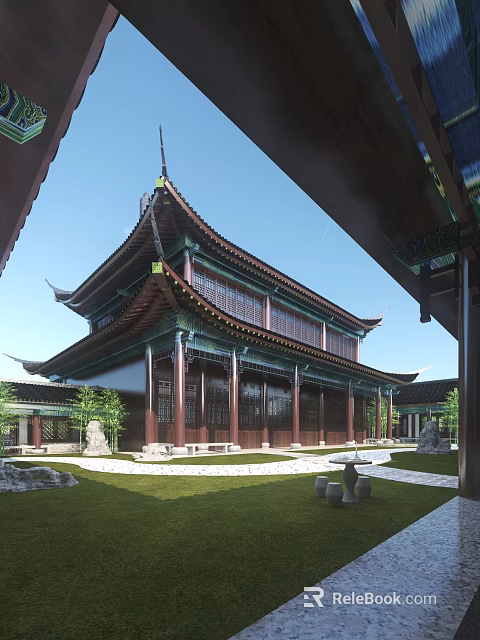 Ancient Chinese Architecture With Traditional Roof Overhanging Eaves And Courtyard Garden 3d model 
