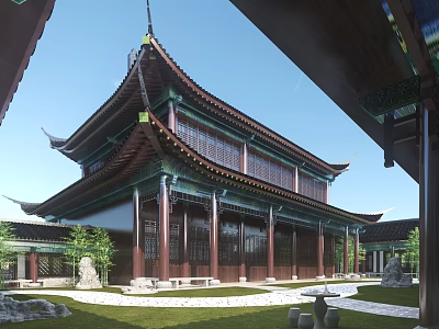 Ancient Chinese Architecture With Traditional Roof Overhanging Eaves And Courtyard Garden 3d model