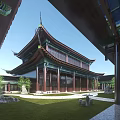 Ancient Chinese Architecture With Traditional Roof Overhanging Eaves And Courtyard Garden
