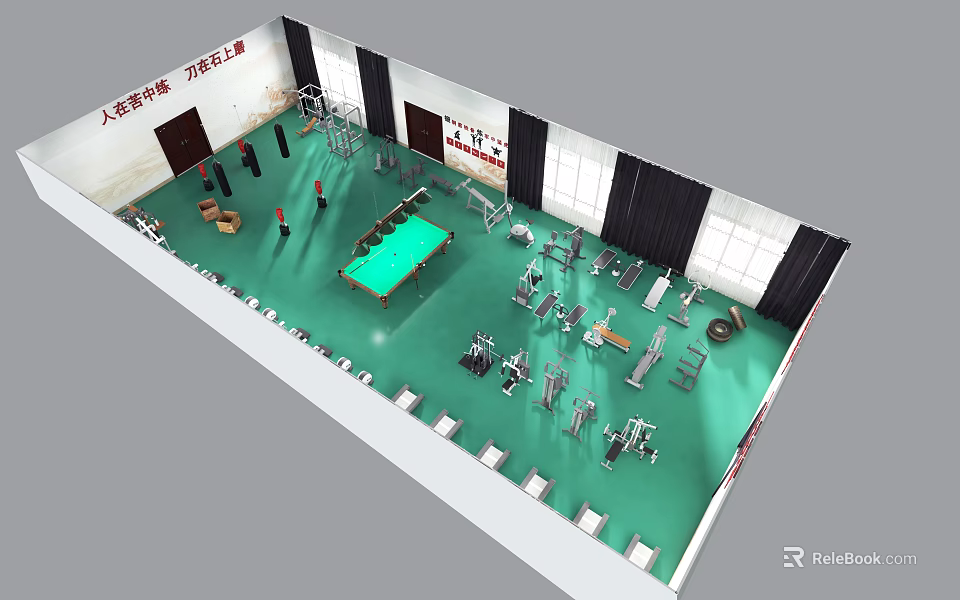 Large Indoor Fully Equipped Fitness Gym Featuring Various Workout Equipment 3d model 