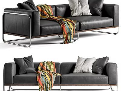 Black Leather Two Seater Sofa With Colorful Blanket Pillows And Metal Frame 3d model