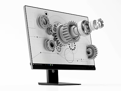Animated Cartoon Scene Featuring Monitor With Flying 3D Mechanical Gears And Drawings 3d model