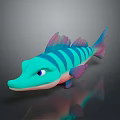 Cartoon Fish Character 3D Model With Colorful Striped Design Blue Green Body And Pink Fins