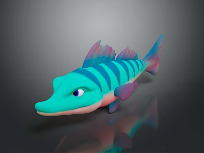 Cartoon Fish Character 3D Model With Colorful Striped Design Blue Green Body And Pink Fins 3d model