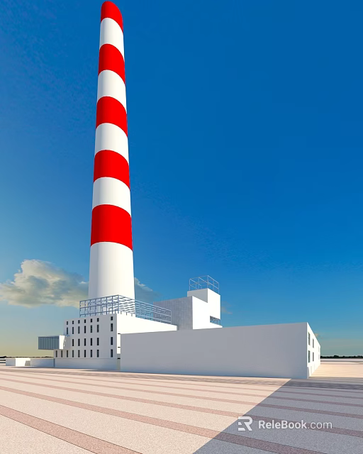 Red and White Striped Chimney With Industrial Factory Building Under Blue Sky 3d model 