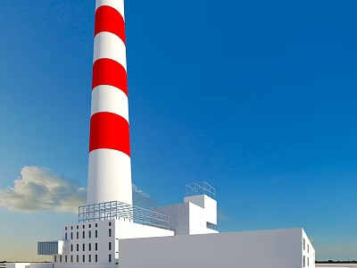 Red and White Striped Chimney With Industrial Factory Building Under Blue Sky 3d model