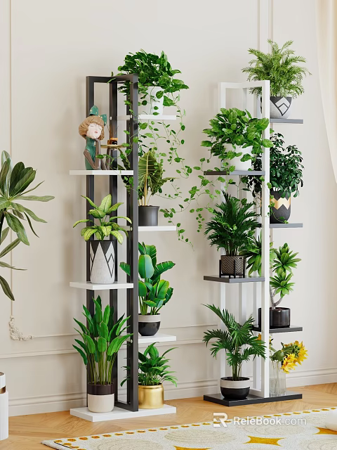 Bonsai and Potted Plants Arranged on Multi Tiered Shelves with Decorative Pots and Various Green Foliage 3d model 
