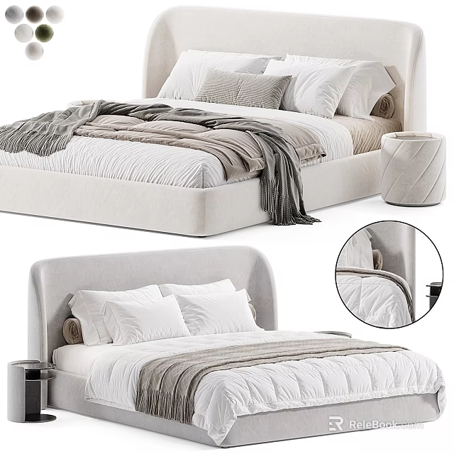 Modern Upholstered Double Bed With Padded Headboard White Pillows And Soft Grey Blanket 3d model 
