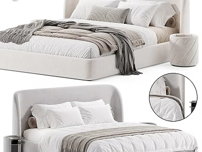 Modern Upholstered Double Bed With Padded Headboard White Pillows And Soft Grey Blanket 3d model