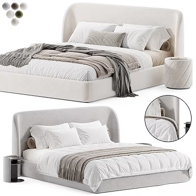 Modern Upholstered Double Bed With Padded Headboard White Pillows And Soft Grey Blanket 3d model