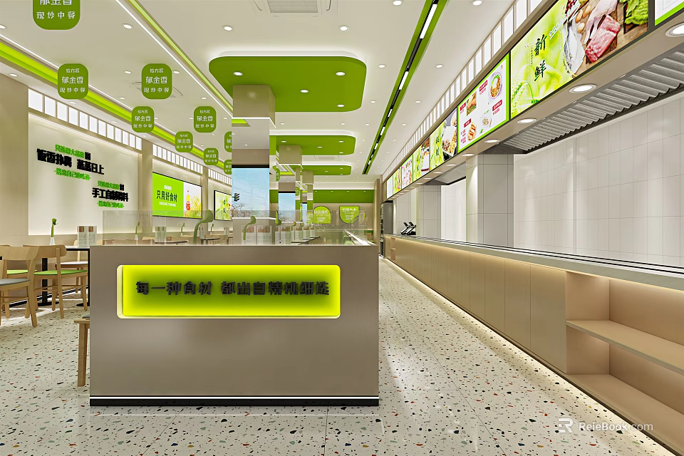 Bright Restaurant Interior With Green Ceiling Hanging Signs Menu Posters And Service Counter 3d model 
