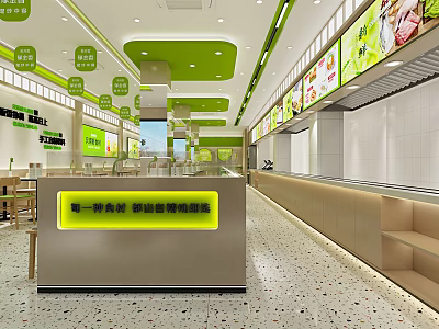 Bright Restaurant Interior With Green Ceiling Hanging Signs Menu Posters And Service Counter 3d model