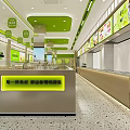 Bright Restaurant Interior With Green Ceiling Hanging Signs Menu Posters And Service Counter