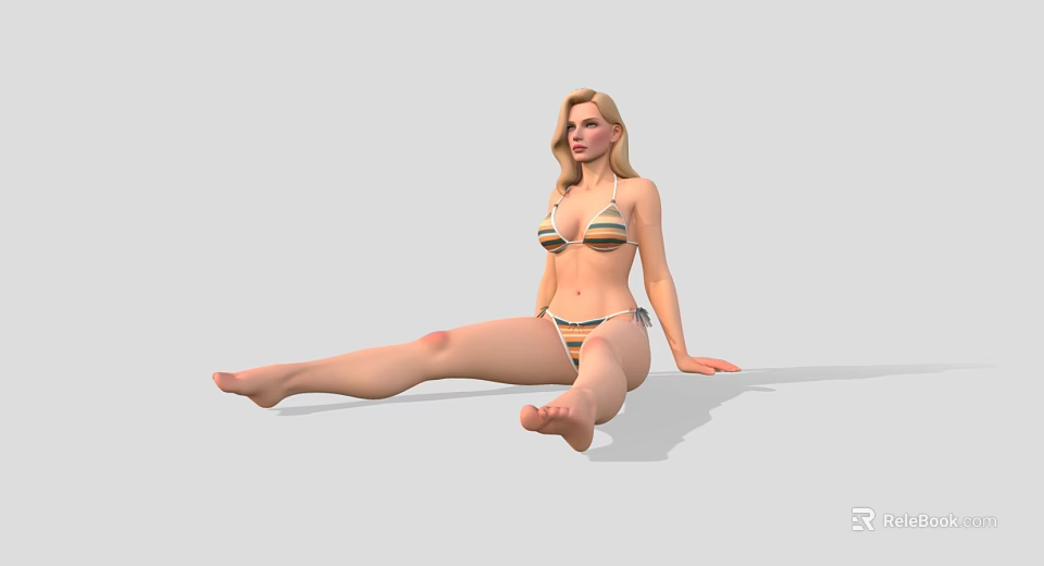 A woman wearing striped bikini sitting on the floor with relaxed posture 3d model 