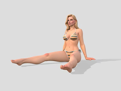 A woman wearing striped bikini sitting on the floor with relaxed posture 3d model