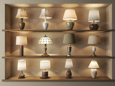 Various Stylish Table Lamps Displayed on Wooden Shelves with Decorative Bases 3d model