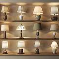 Various Stylish Table Lamps Displayed on Wooden Shelves with Decorative Bases
