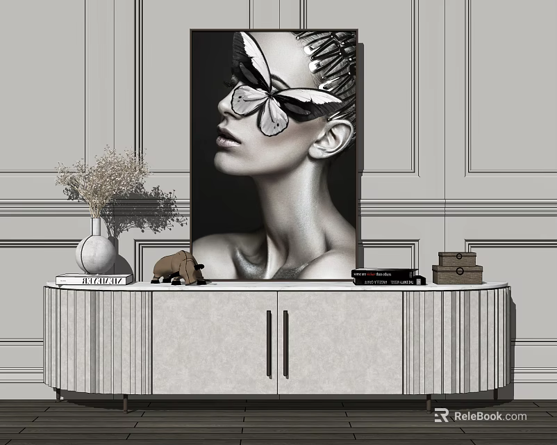 Modern Light Gray TV Stand with Vase Dried Flowers Books and Large Black White Portrait 3d model 