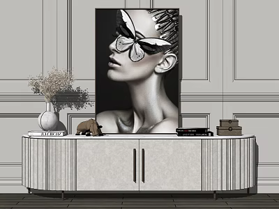 Modern Light Gray TV Stand with Vase Dried Flowers Books and Large Black White Portrait 3d model