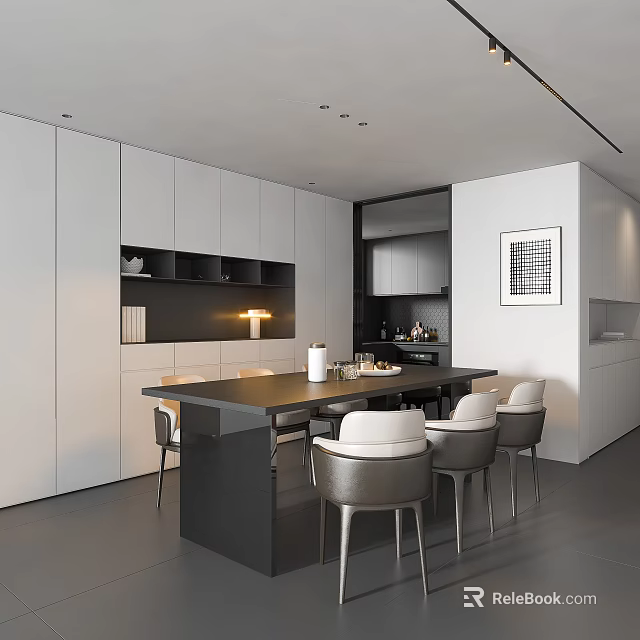 Modern Restaurant Interior Design With Open Layout Dining Table And White Chairs 3d model