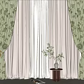 Light Green Floral Curtains Tied Back With Sheer Layer And Green Plant Decor