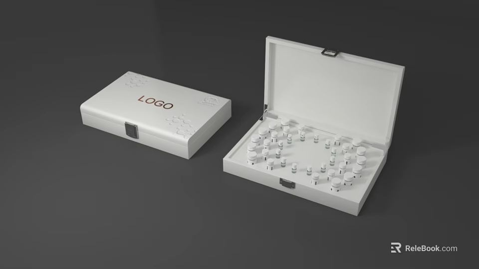 Premium White Open Box With LOGO Containing Multiple Small Vials Set 3d model 