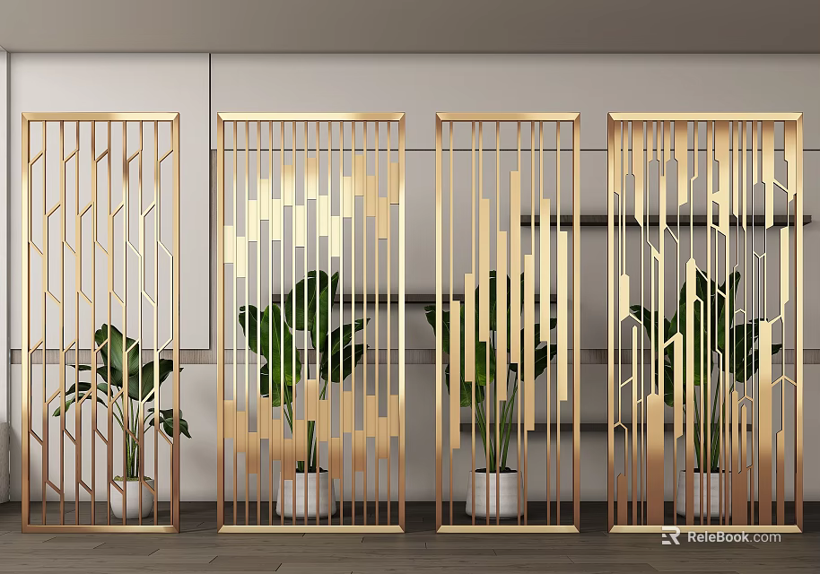 Elegant Gold Geometric Decorative Screens In Modern Interior With Green Plants 3d model 