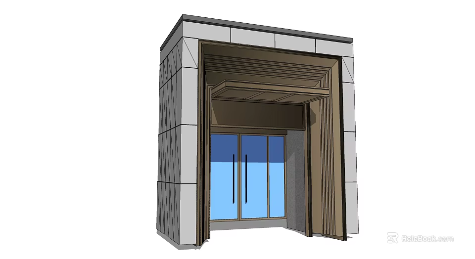 Modern Entrance Gate With Glass Double Doors And Stone Cladding Walls 3d model 