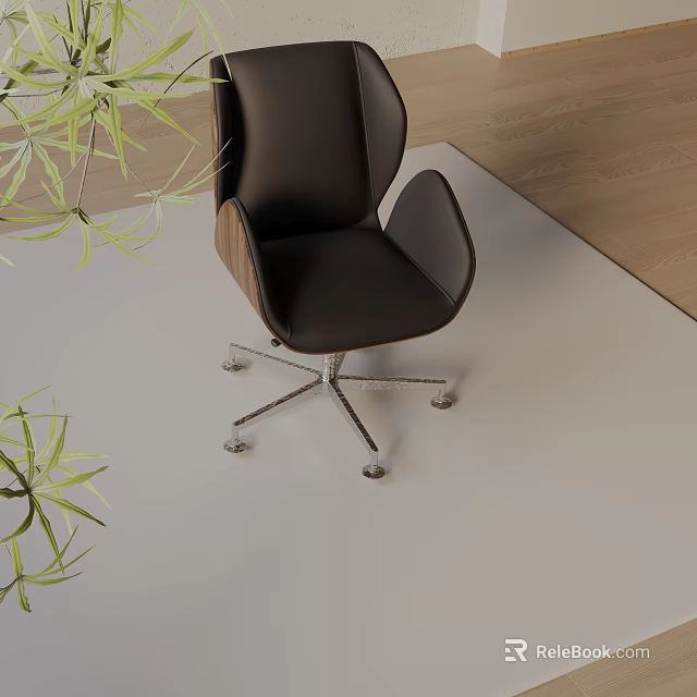 Black Leather Office Chair With Metal Wheels On Light Carpet Wooden Floor And Green Plants 3d model 