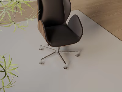 Black Leather Office Chair With Metal Wheels On Light Carpet Wooden Floor And Green Plants 3d model