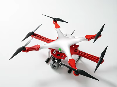 Industrial Drone With Red And White Frame And Four Black Propellers 3d model
