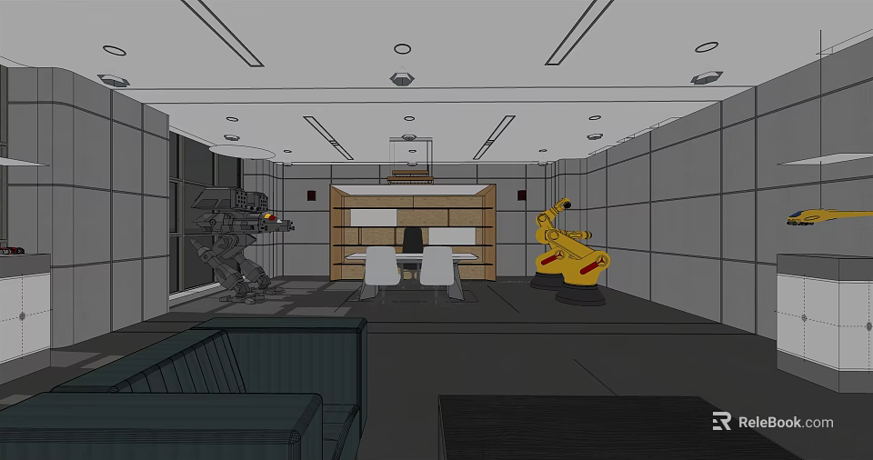 Modern Office Interior Design With Desk Chairs Sofa Yellow Sculpture Gray Walls And Ceiling Lights 3d model 