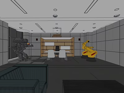 Modern Office Interior Design With Desk Chairs Sofa Yellow Sculpture Gray Walls And Ceiling Lights 3d model