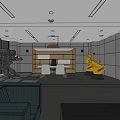 Modern Office Interior Design With Desk Chairs Sofa Yellow Sculpture Gray Walls And Ceiling Lights