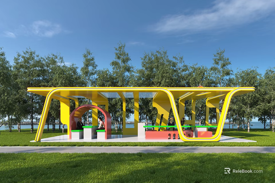 Yellow Modern Pergola With Curved Design In Grassland Near Trees And Blue Sky 3d model 