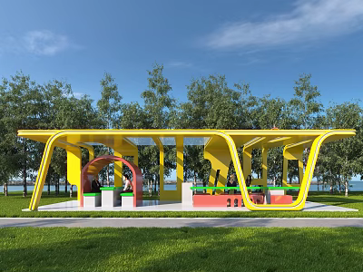 Yellow Modern Pergola With Curved Design In Grassland Near Trees And Blue Sky 3d model