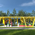Yellow Modern Pergola With Curved Design In Grassland Near Trees And Blue Sky