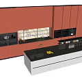 Red Kitchen Cabinets With Black Countertop Bottles Containers And Tile Backsplash