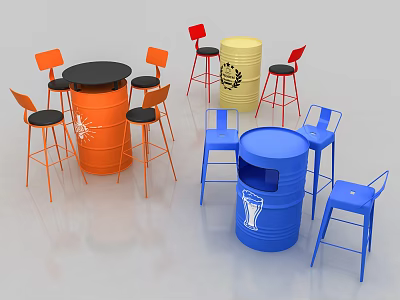 Creative Barrel Shaped Bar Counter With Orange Blue Drums And High Chairs 3d model
