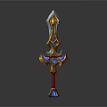 Ornate Fantasy Sword With Golden Accents Blue Gemstones And Red Hilt