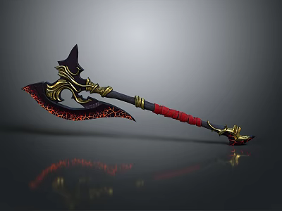 Fantasy Axe Weapon with Black Gold Decoration Red Handle and Fiery Blade 3D Render Design 3d model